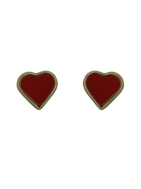 18K Yellow gold red square enamel print heart shape screwback earrings 0.20 x 0.26 inches 